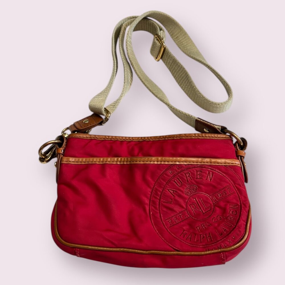 Lauren Ralph Lauren Red Crossbody Shoulder Bag Purse Logo Patch Adjustable Strap